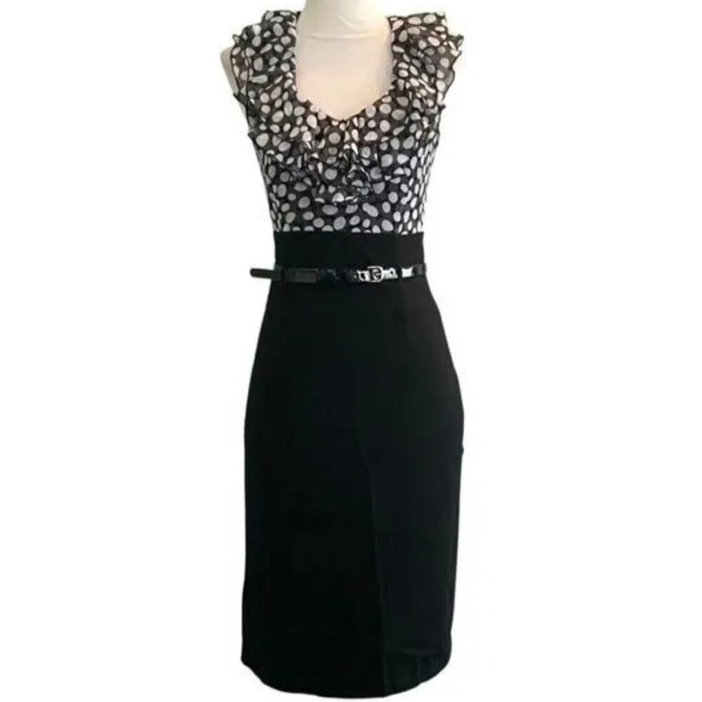 White House Black Market Sleeveless Ruffle V-Neck Polka Dot Chiffon Dress Sz 4